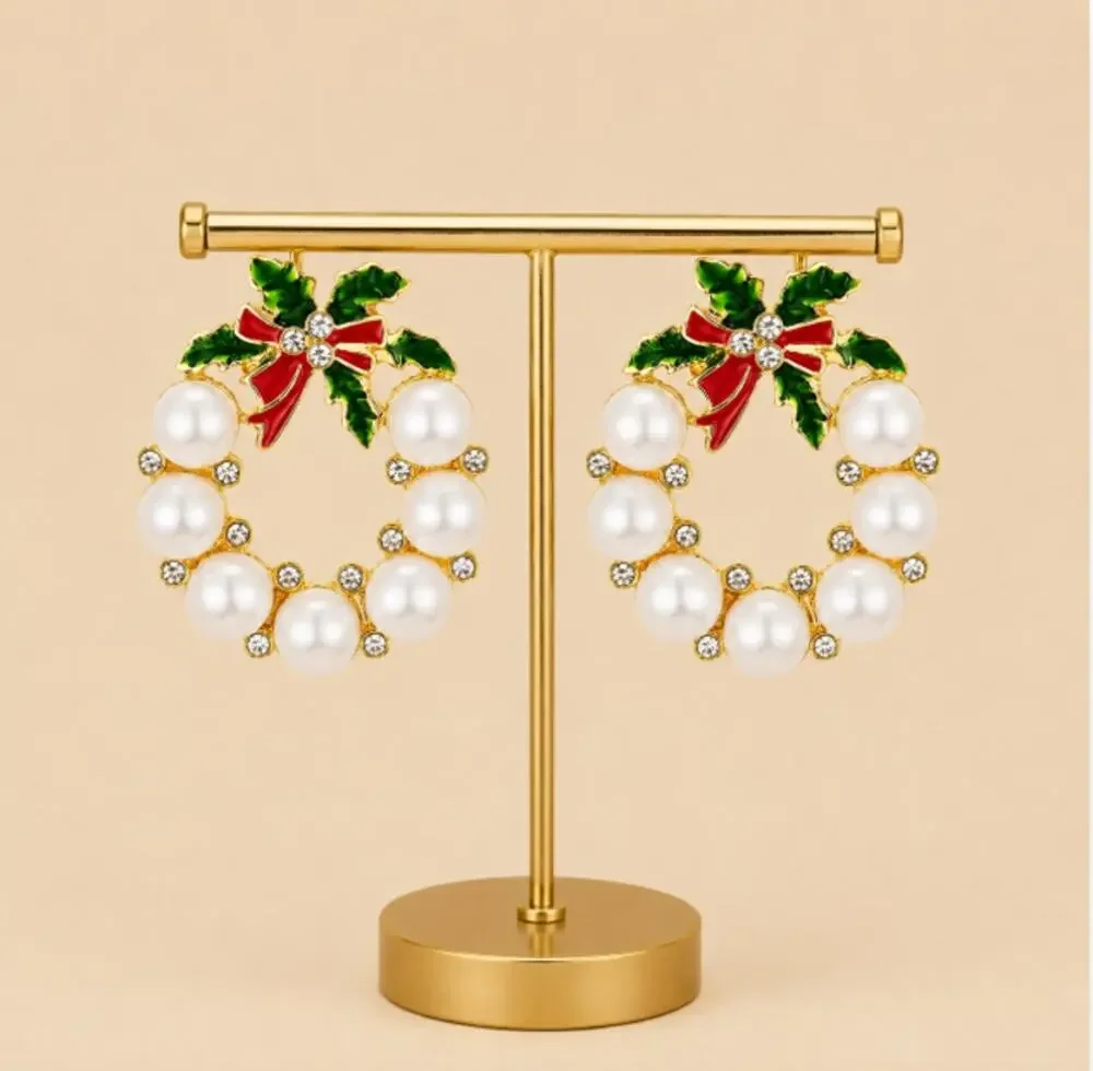 Christmas Wreath Earrings Faux Pearls Enamel and Rhinestone Perfect Size New